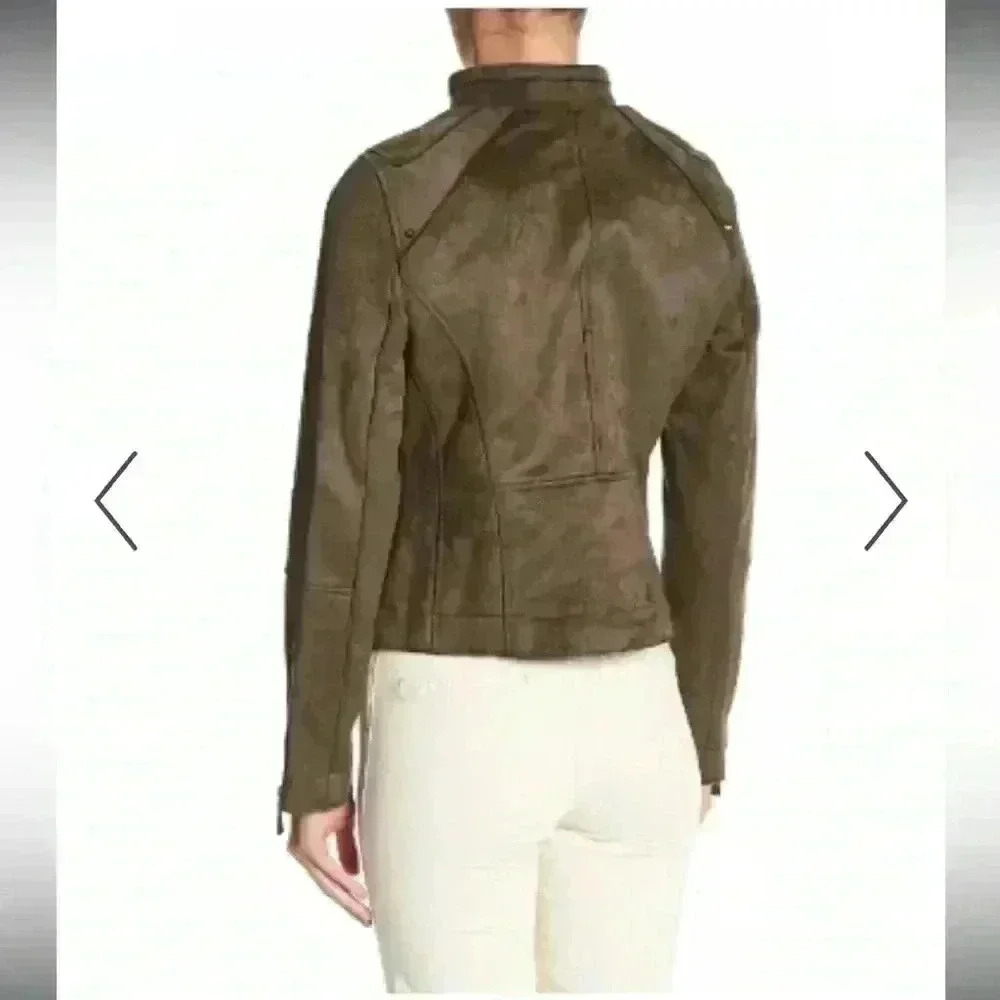 VINCE CAMUTO OLIVE GREEN SYNTHETIC SUEDE ASYMMETRIC ZIPPER JACKET SIZE XS - Picture 2 of 10